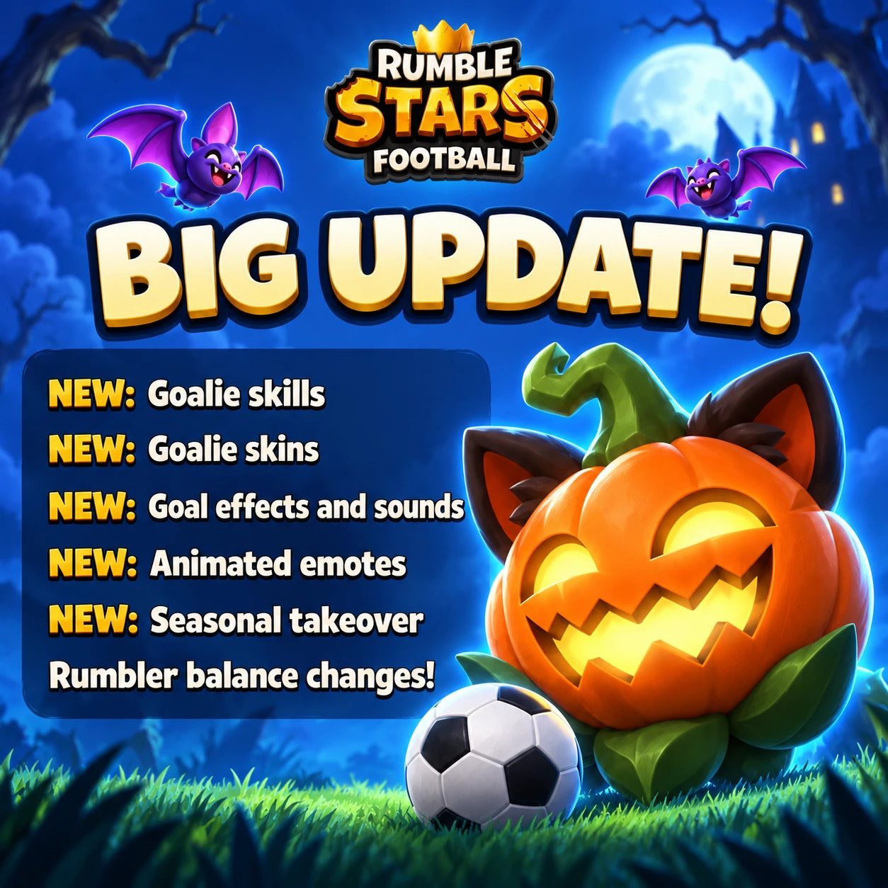 Big update! Goalie skills, goalie skins, goal effects and sounds, animated emotes, seasonal takeover and Rumbler balance changes